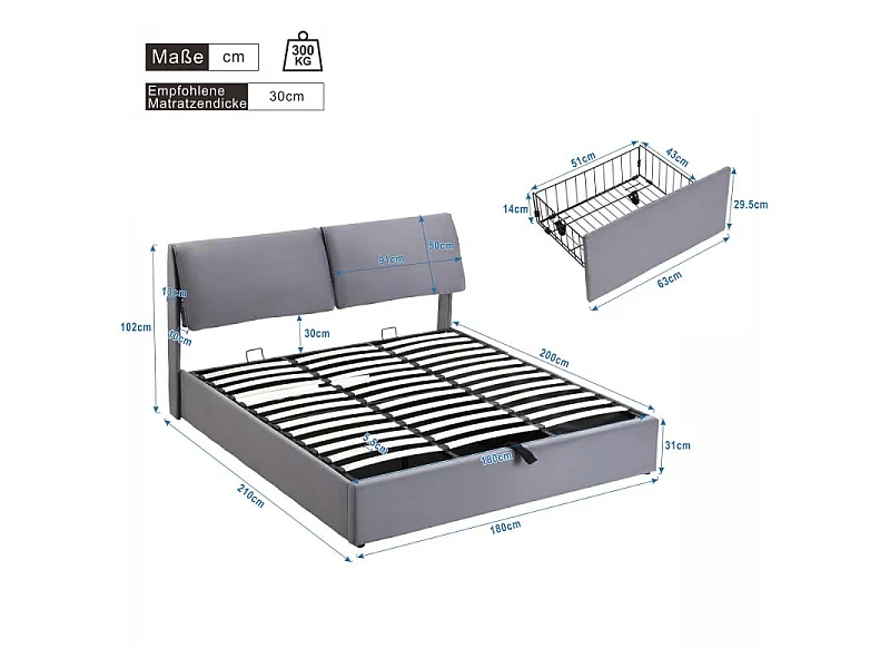Lit coffre tapissé 180x200 velours gris hydraulique 3 tiroirs sommier lattes tête réglable rangement intégré design moderne sans matelas
