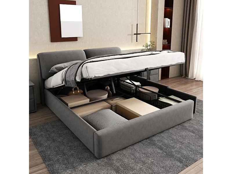 Lit coffre tapissé 180x200 velours gris hydraulique 3 tiroirs sommier lattes tête réglable rangement intégré design moderne sans matelas