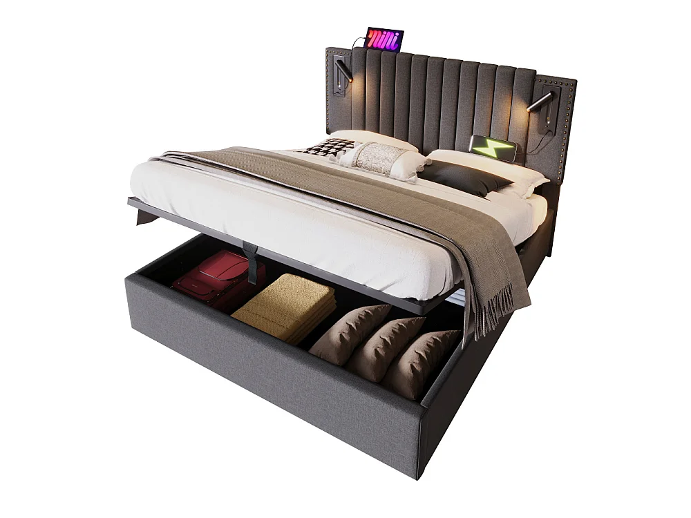 Gestoffeerd bed 160x200 met opbergbox, LED-lezer, USB-C, in hoogte verstelbaar hoofdeinde, klinknageldesign, katoen, boxspring, tweepersoonsbed, zonder matras