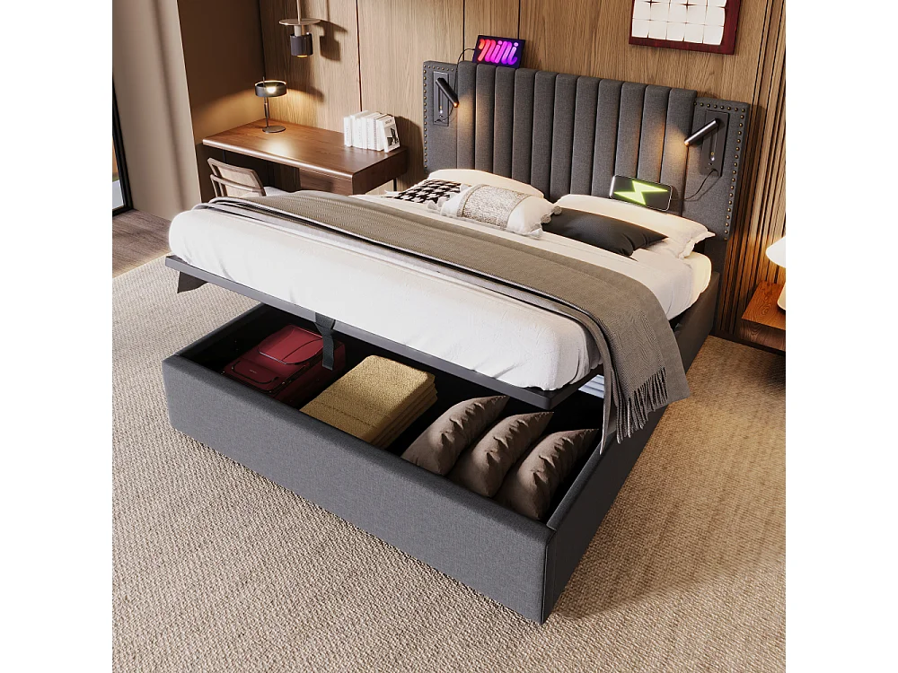 Gestoffeerd bed 160x200 met opbergbox, LED-lezer, USB-C, in hoogte verstelbaar hoofdeinde, klinknageldesign, katoen, boxspring, tweepersoonsbed, zonder matras