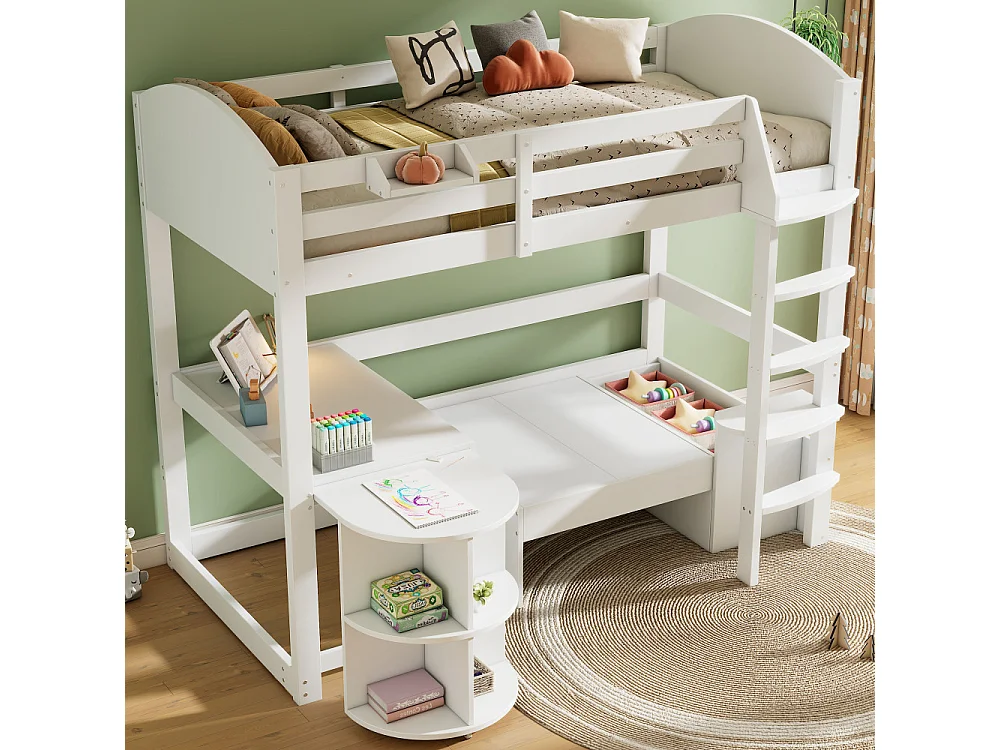 Letto a Soppalco per Bambini 90x200 cm in Legno Massello con Scrivania Scorrevole, Divano con Contenitore e Mensole