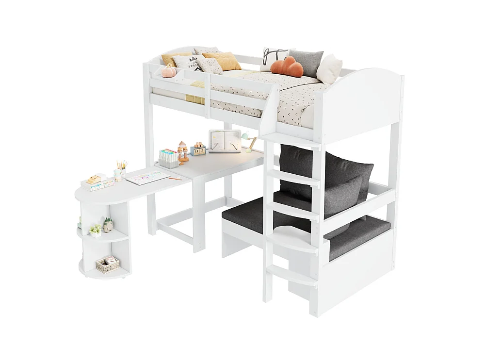 Letto a Soppalco per Bambini 90x200 cm in Legno Massello con Scrivania Scorrevole, Divano con Contenitore e Mensole