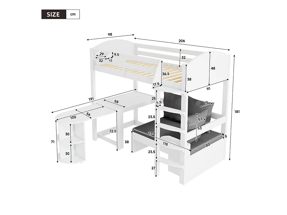 Letto a Soppalco per Bambini 90x200 cm in Legno Massello con Scrivania Scorrevole, Divano con Contenitore e Mensole