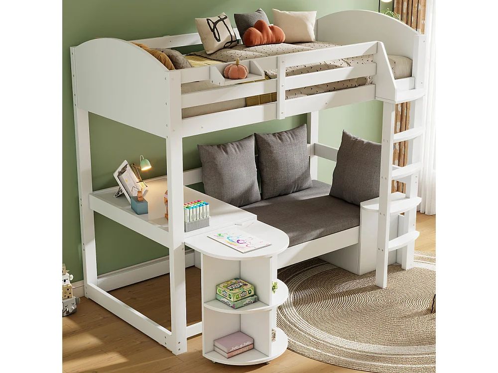 Letto a Soppalco per Bambini 90x200 cm in Legno Massello con Scrivania Scorrevole, Divano con Contenitore e Mensole