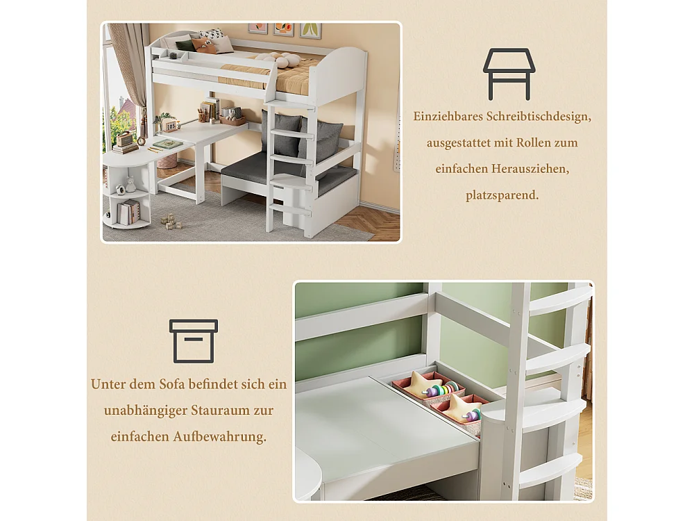 Letto a Soppalco per Bambini 90x200 cm in Legno Massello con Scrivania Scorrevole, Divano con Contenitore e Mensole