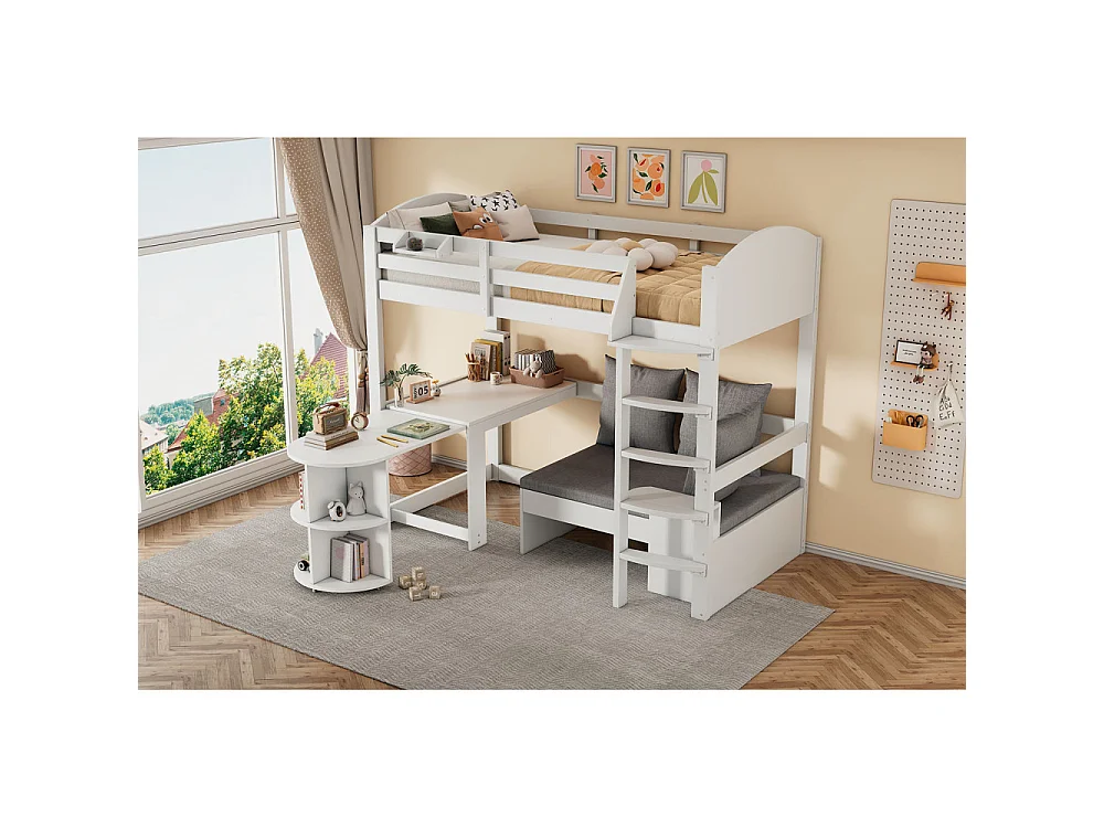 Letto a Soppalco per Bambini 90x200 cm in Legno Massello con Scrivania Scorrevole, Divano con Contenitore e Mensole