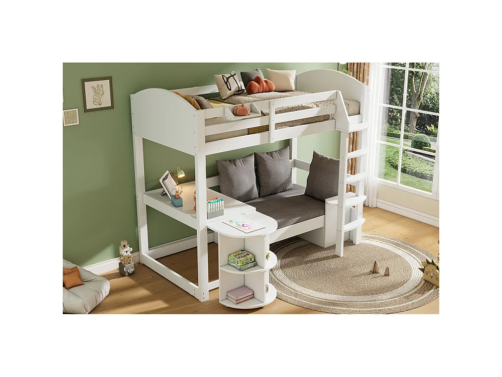 Letto a Soppalco per Bambini 90x200 cm in Legno Massello con Scrivania Scorrevole, Divano con Contenitore e Mensole