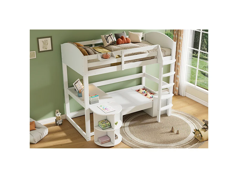 Letto a Soppalco per Bambini 90x200 cm in Legno Massello con Scrivania Scorrevole, Divano con Contenitore e Mensole