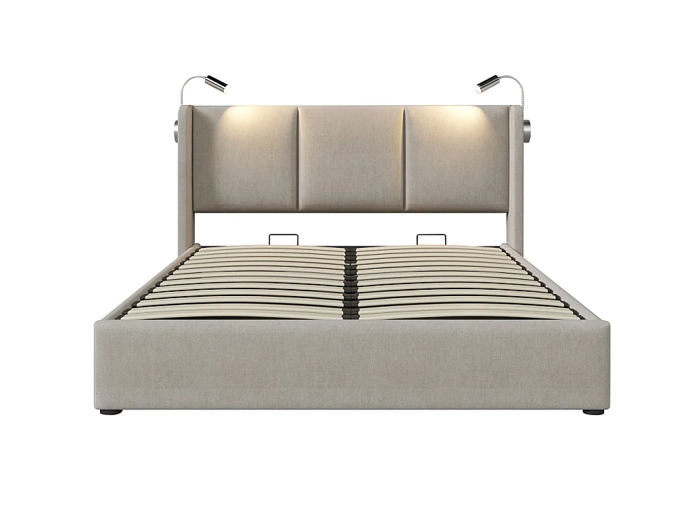 Lit double avec coffre en lin, matelas 620 ressorts, LED, USB et tête de lit robuste