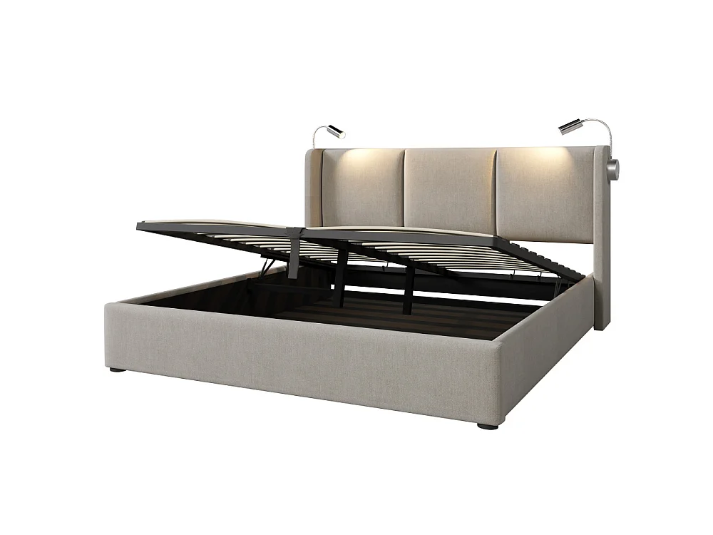 Lit double avec coffre en lin, matelas 620 ressorts, LED, USB et tête de lit robuste