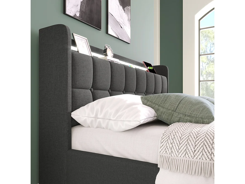 Eenpersoonsbed 90x200 cm met matras 406 Veren, USB, LED en slimme opbergruimte – Modern Comfort Grijs