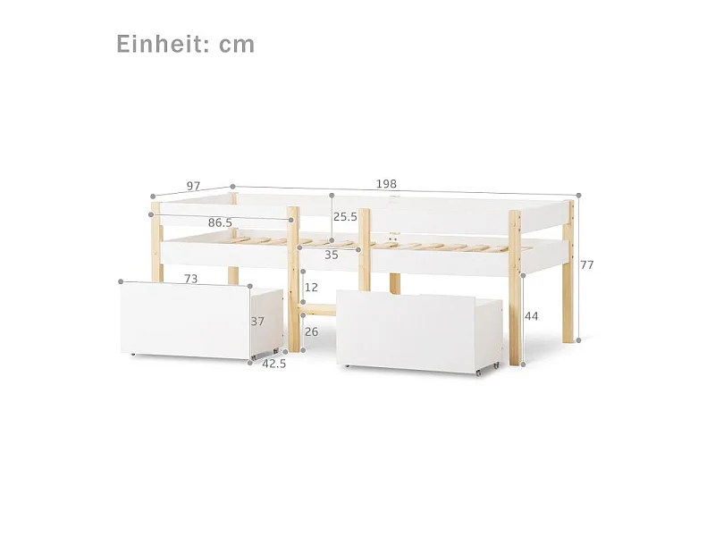 Lit enfant avec barrière anti-chute, tiroirs, pin massif, 90×190, blanc et chêne, rangement