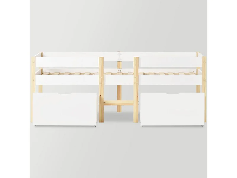 Lit enfant avec barrière anti-chute, tiroirs, pin massif, 90×190, blanc et chêne, rangement