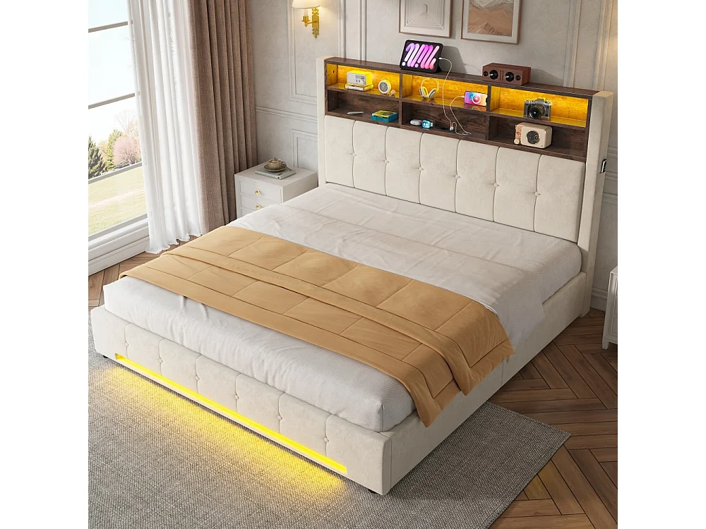 Lit coffre 180x200 cm en velours élégant avec tête de lit multifonction LED USB-C rangement hydraulique