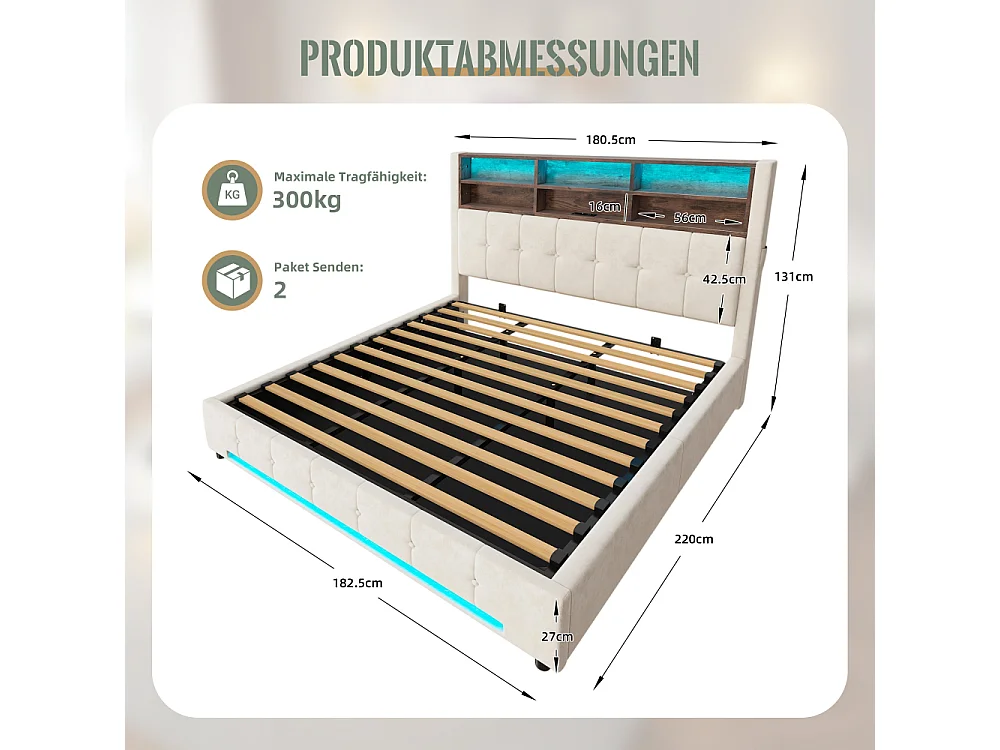 Lit coffre 180x200 cm en velours élégant avec tête de lit multifonction LED USB-C rangement hydraulique