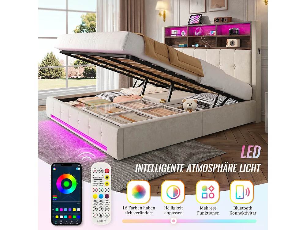 Lit coffre 180x200 cm en velours élégant avec tête de lit multifonction LED USB-C rangement hydraulique