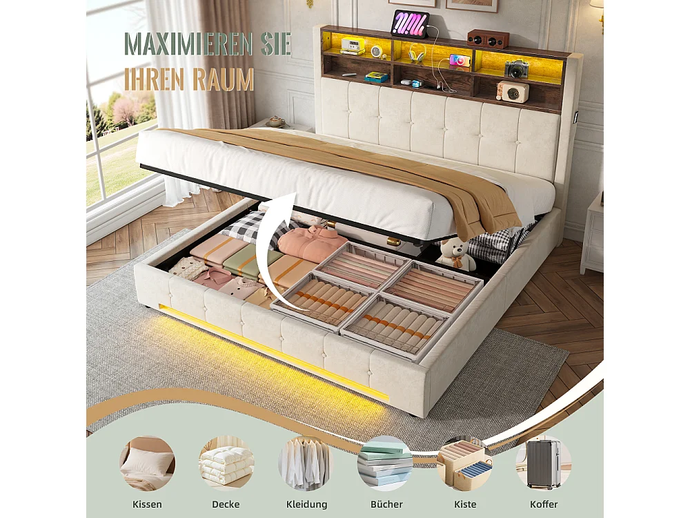 Lit coffre 180x200 cm en velours élégant avec tête de lit multifonction LED USB-C rangement hydraulique