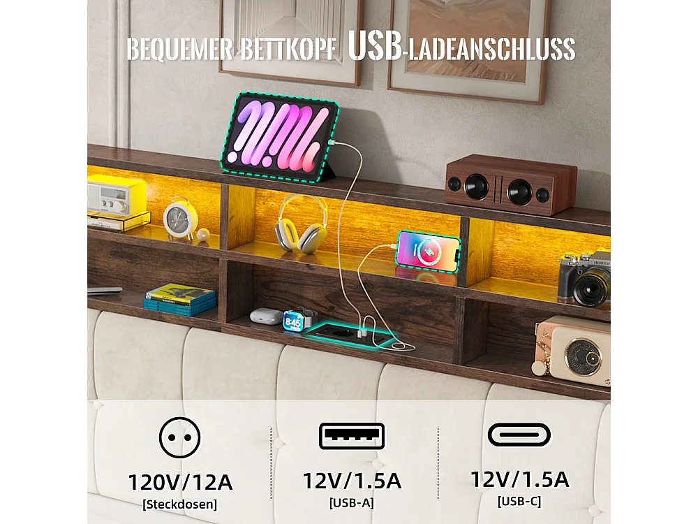 Lit coffre 180x200 cm en velours élégant avec tête de lit multifonction LED USB-C rangement hydraulique