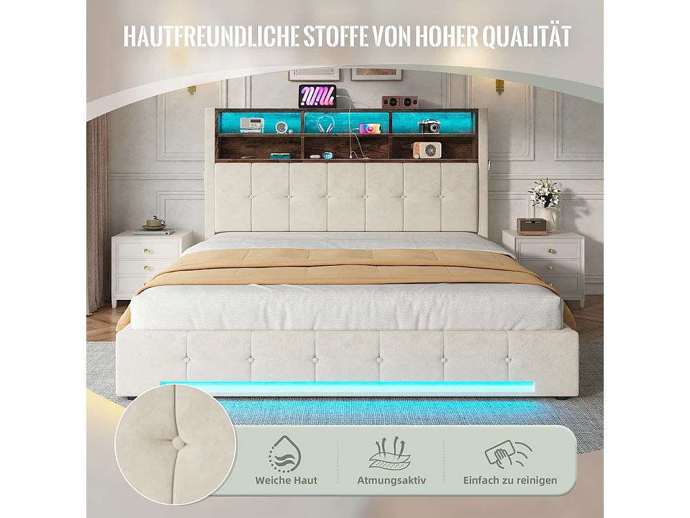Lit coffre 180x200 cm en velours élégant avec tête de lit multifonction LED USB-C rangement hydraulique