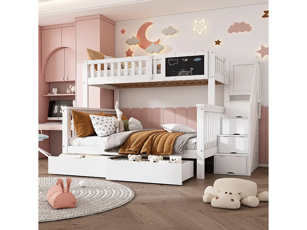 Litera infantil 90×200 + 140×200 multifuncional pino con pizarra, cajones y escalera de almacenaje segura