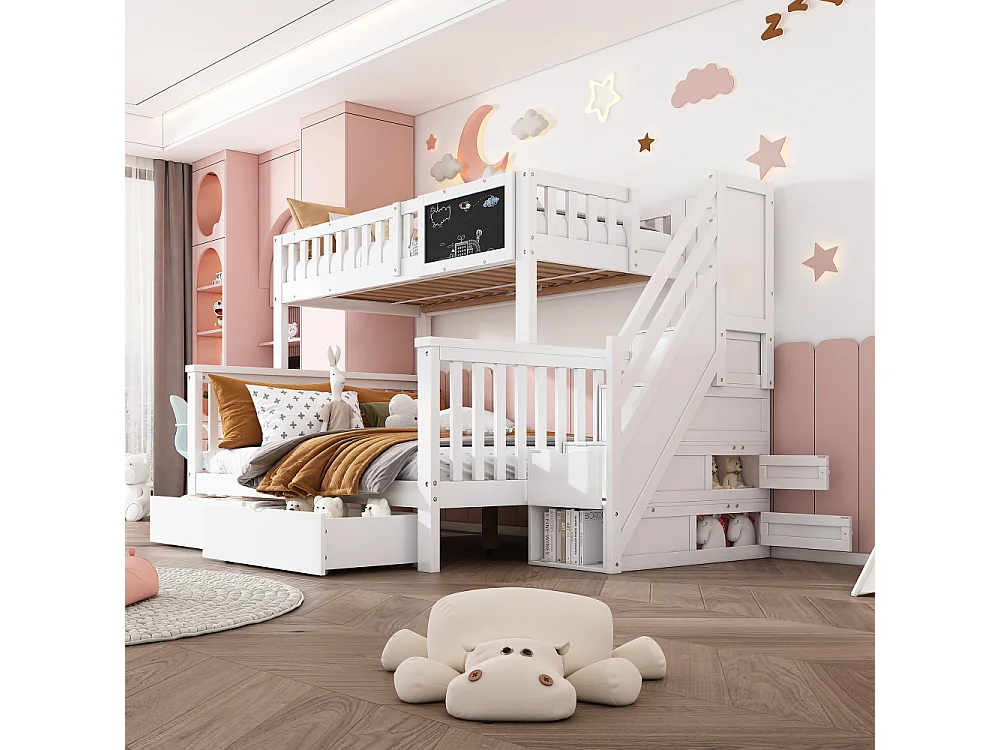 Litera infantil 90×200 + 140×200 multifuncional pino con pizarra, cajones y escalera de almacenaje segura