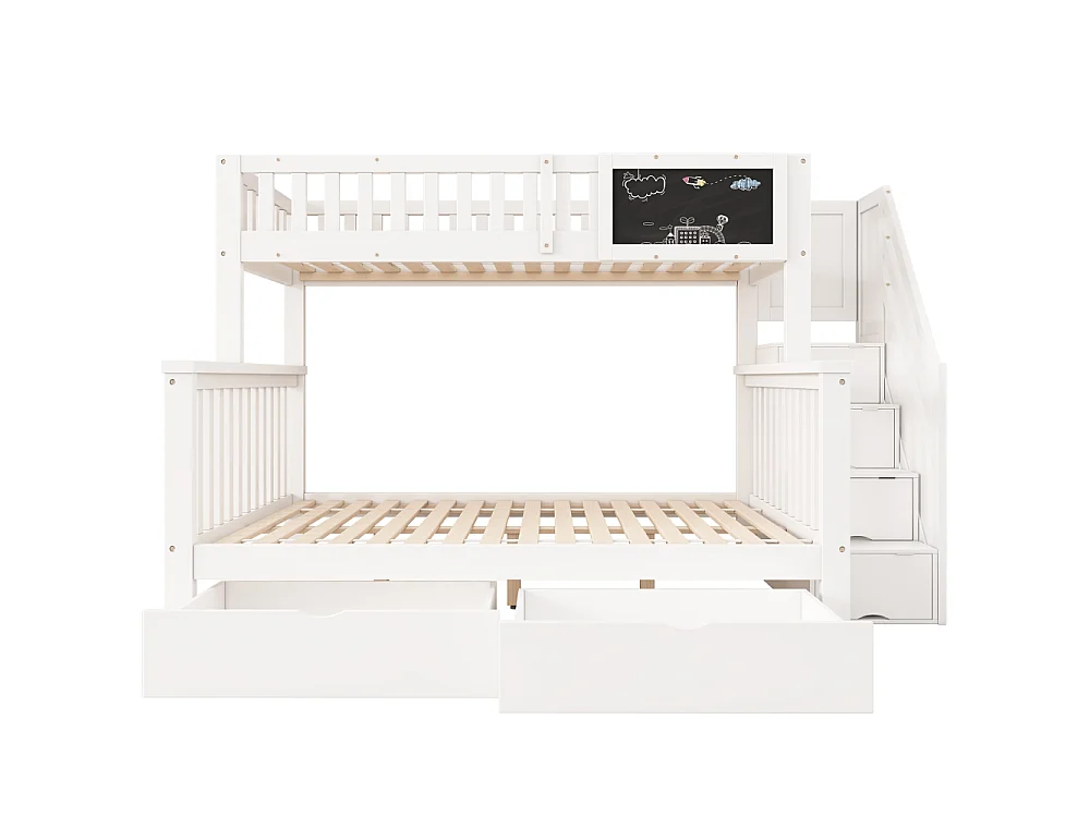 Litera infantil 90×200 + 140×200 multifuncional pino con pizarra, cajones y escalera de almacenaje segura