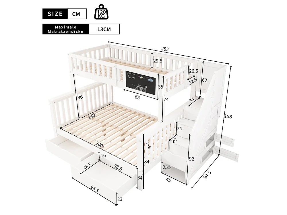 Litera infantil 90×200 + 140×200 multifuncional pino con pizarra, cajones y escalera de almacenaje segura