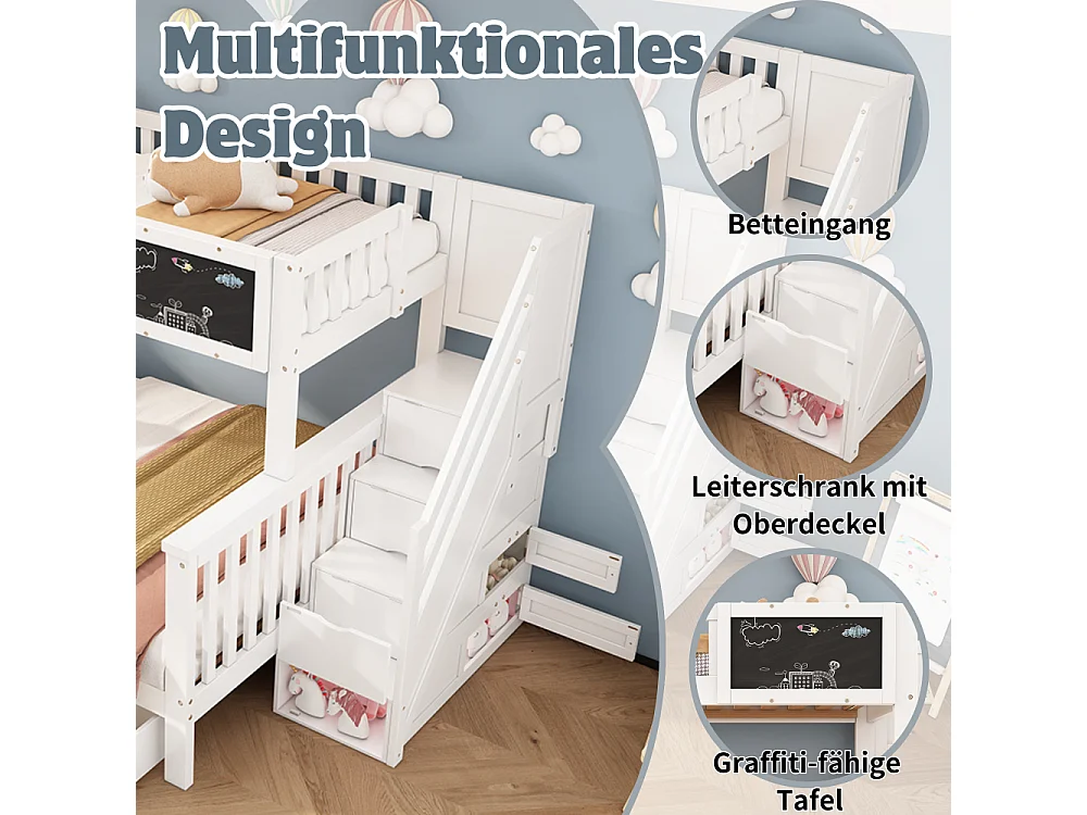 Litera infantil 90×200 + 140×200 multifuncional pino con pizarra, cajones y escalera de almacenaje segura