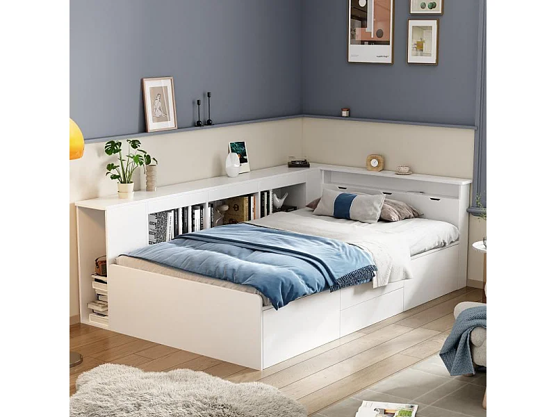 Cama infantil 90×200 cm con almacenaje, 4 cajones, biblioteca, armario y baúl cama blanco multifuncional