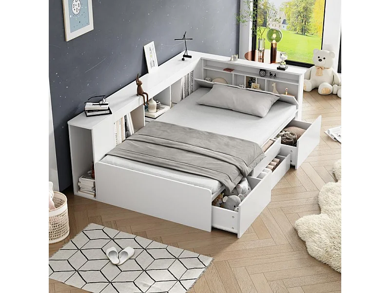 Cama infantil 90×200 cm con almacenaje, 4 cajones, biblioteca, armario y baúl cama blanco multifuncional