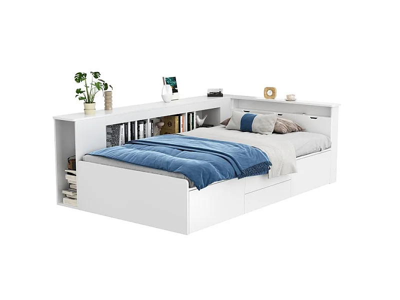 Cama infantil 90×200 cm con almacenaje, 4 cajones, biblioteca, armario y baúl cama blanco multifuncional