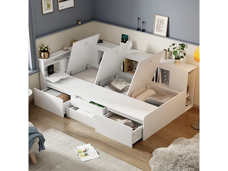 Cama infantil 90×200 cm con almacenaje, 4 cajones, biblioteca, armario y baúl cama blanco multifuncional