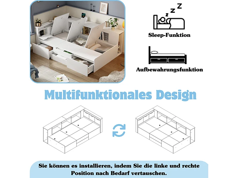 Cama infantil 90×200 cm con almacenaje, 4 cajones, biblioteca, armario y baúl cama blanco multifuncional