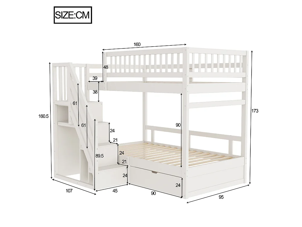 Massief houten stapelbed 90×200 – ruimtebesparend kinder- en tienerbed met geïntegreerde opbergruimte en versterkte veiligheid