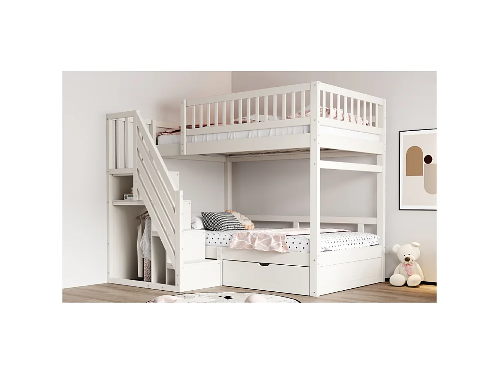 Massief houten stapelbed 90×200 – ruimtebesparend kinder- en tienerbed met geïntegreerde opbergruimte en versterkte veiligheid