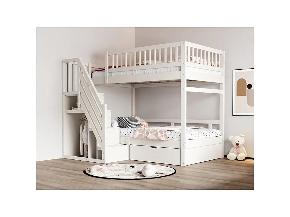 Massief houten stapelbed 90×200 – ruimtebesparend kinder- en tienerbed met geïntegreerde opbergruimte en versterkte veiligheid