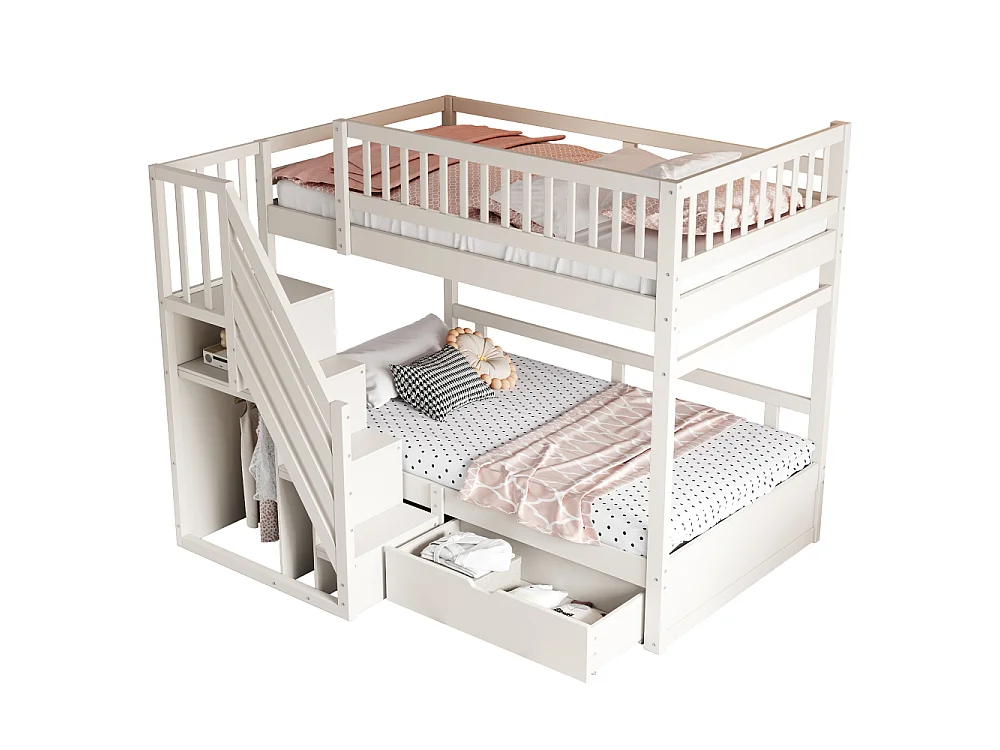 Massief houten stapelbed 90×200 – ruimtebesparend kinder- en tienerbed met geïntegreerde opbergruimte en versterkte veiligheid