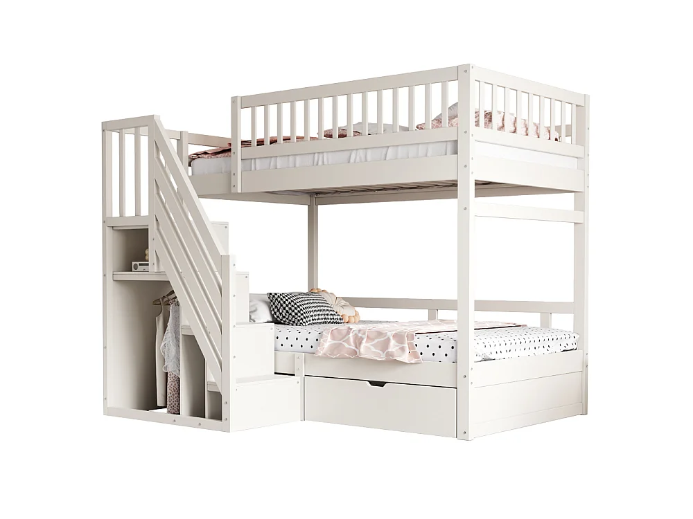 Massief houten stapelbed 90×200 – ruimtebesparend kinder- en tienerbed met geïntegreerde opbergruimte en versterkte veiligheid