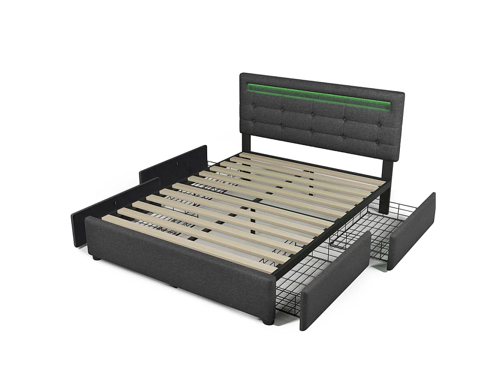 Letto matrimoniale 140×200 con LED, materasso incluso, 4 cassetti portaoggetti e testiera regolabile design
