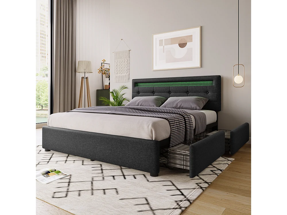 Letto matrimoniale 140×200 con LED, materasso incluso, 4 cassetti portaoggetti e testiera regolabile design