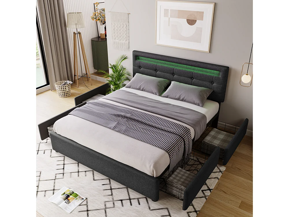 Letto matrimoniale 140×200 con LED, materasso incluso, 4 cassetti portaoggetti e testiera regolabile design