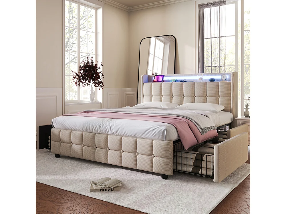 Letto Matrimoniale 180x200 cm Beige con USB, LED e 4 Cassetti – Grande Formato Moderno ed Elegante