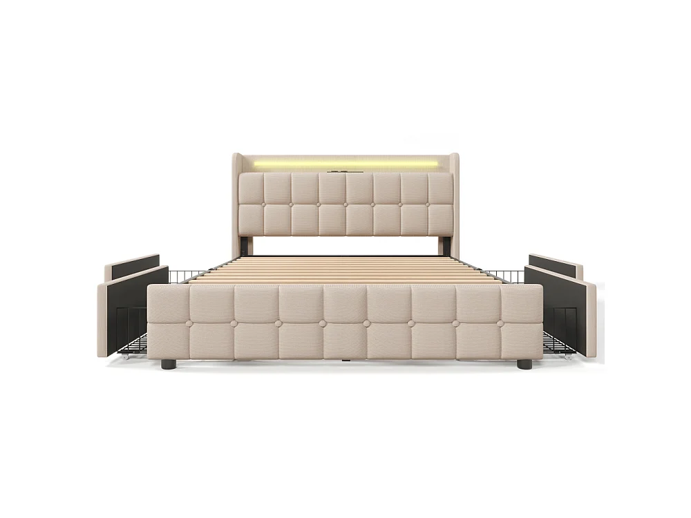 Letto Matrimoniale 180x200 cm Beige con USB, LED e 4 Cassetti – Grande Formato Moderno ed Elegante