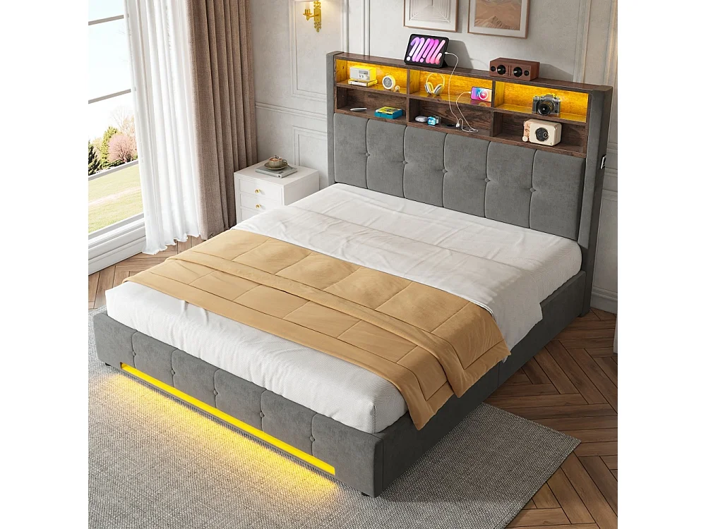 Opbergbed 160x200 cm in fluweel met multifunctioneel hoofdeinde LED USB-C hydraulische opbergruimte