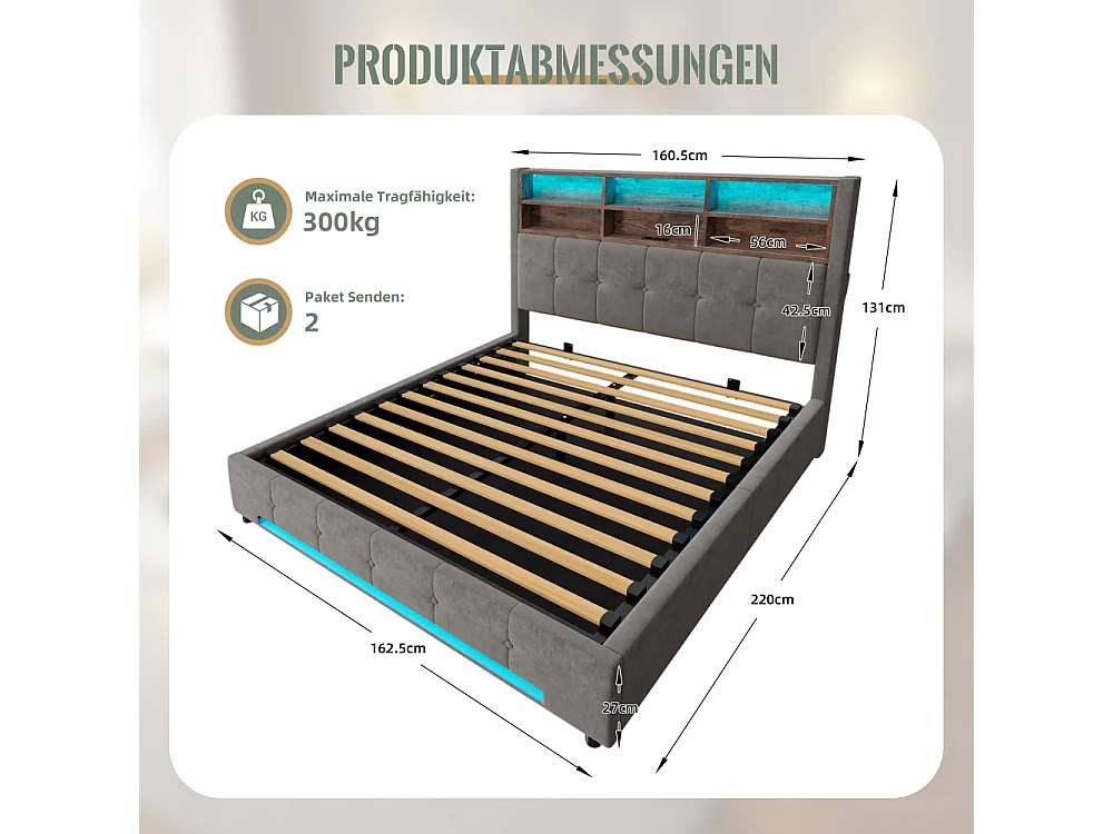 Opbergbed 160x200 cm in fluweel met multifunctioneel hoofdeinde LED USB-C hydraulische opbergruimte