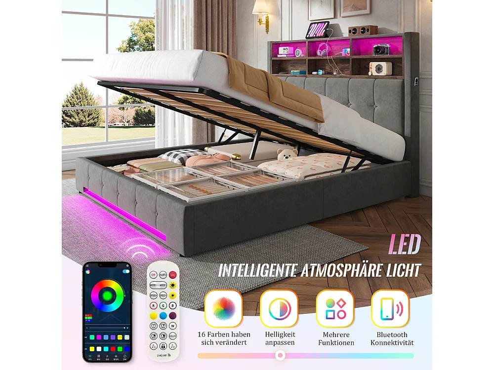 Opbergbed 160x200 cm in fluweel met multifunctioneel hoofdeinde LED USB-C hydraulische opbergruimte