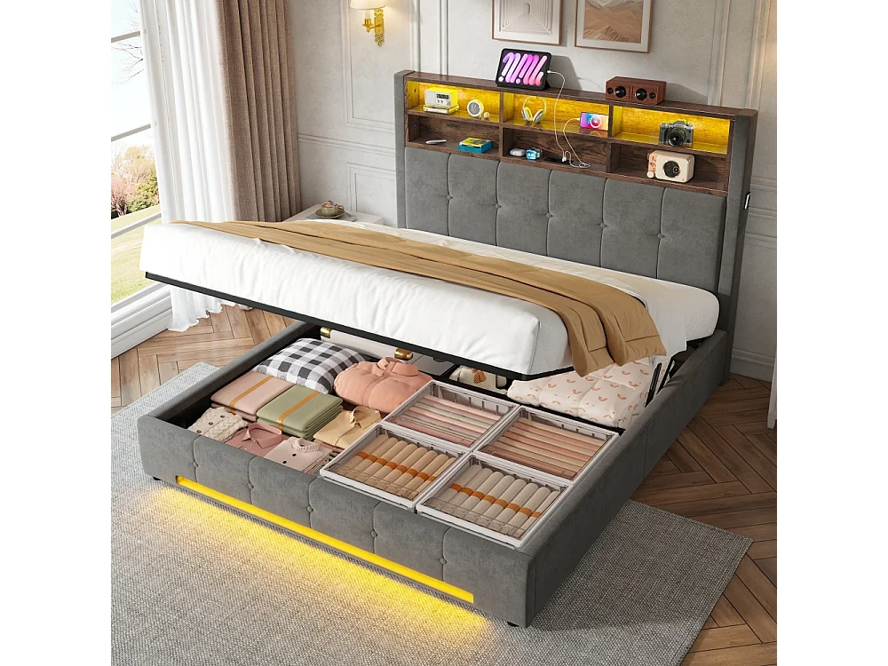 Opbergbed 160x200 cm in fluweel met multifunctioneel hoofdeinde LED USB-C hydraulische opbergruimte