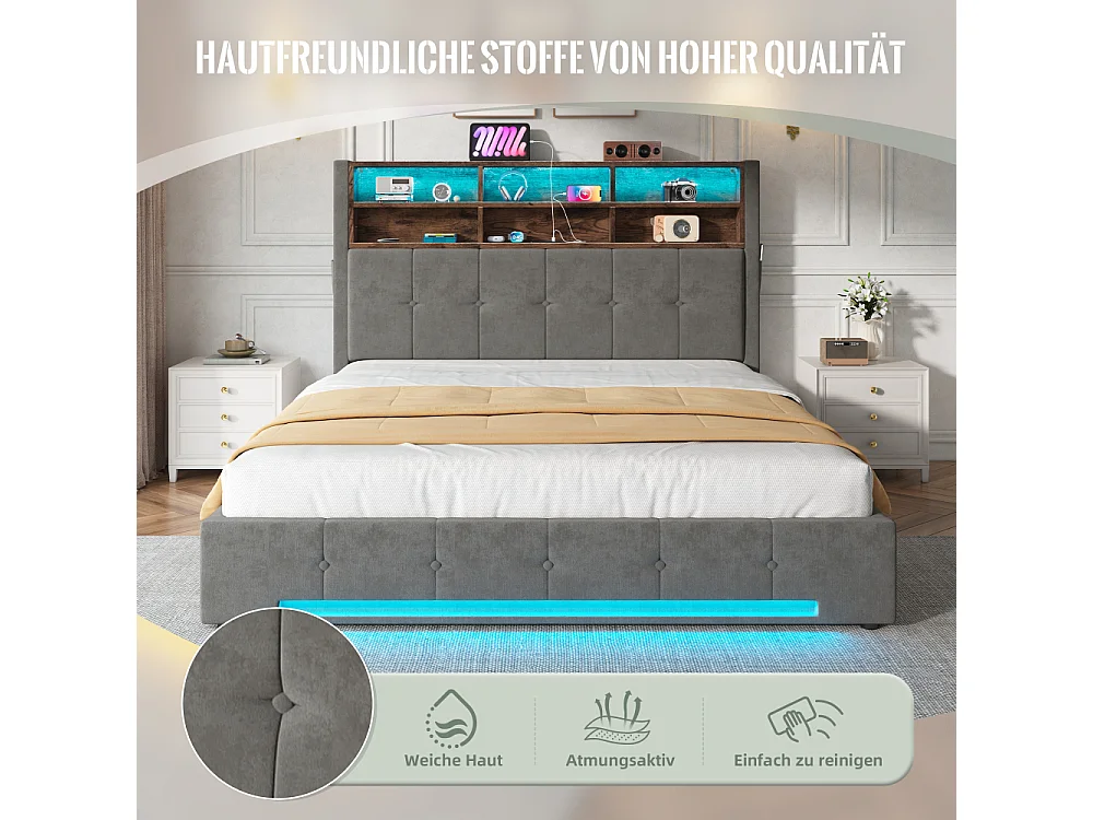 Opbergbed 160x200 cm in fluweel met multifunctioneel hoofdeinde LED USB-C hydraulische opbergruimte