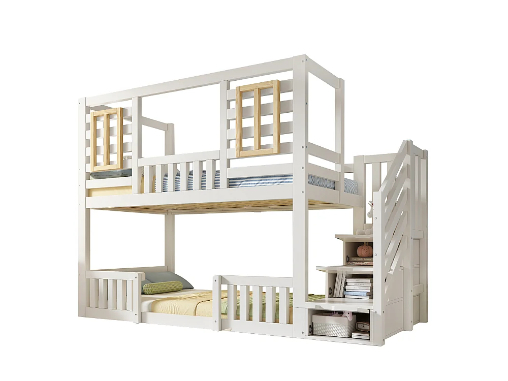 Letto a castello stile baita 90×200 cm bianco per bambini con scala-armadio e finestre in legno – EN747 sicurezza