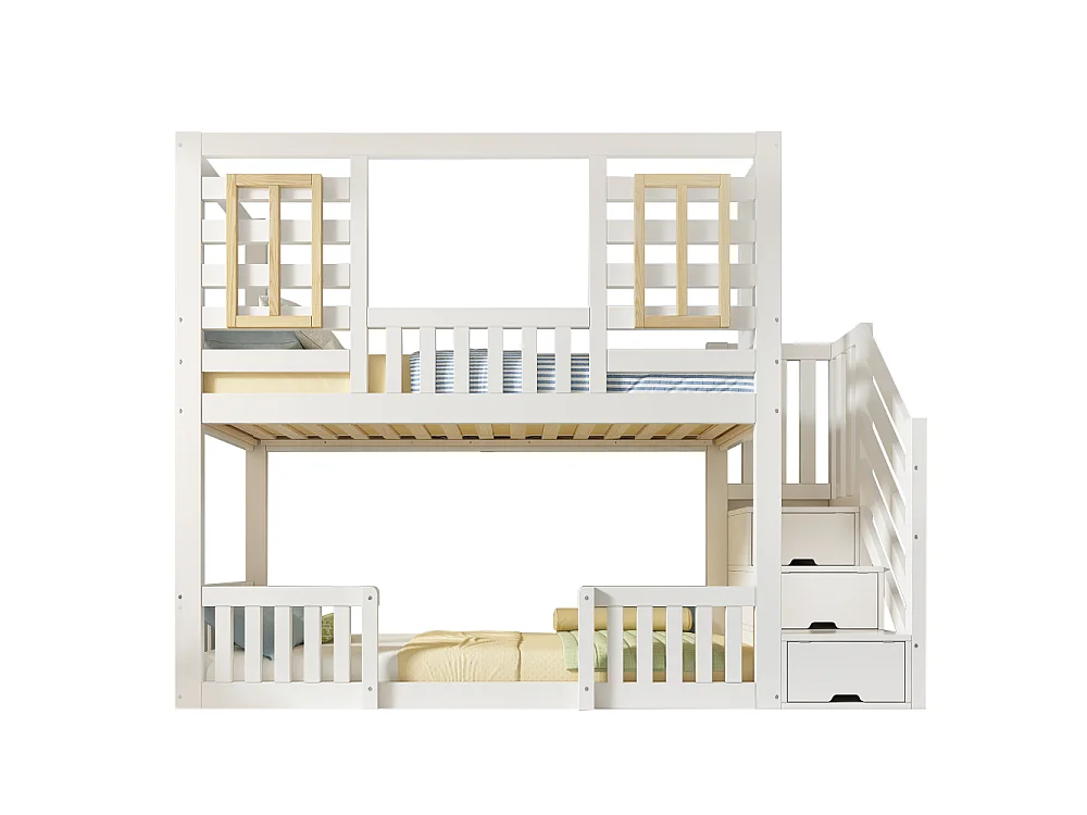 Letto a castello stile baita 90×200 cm bianco per bambini con scala-armadio e finestre in legno – EN747 sicurezza
